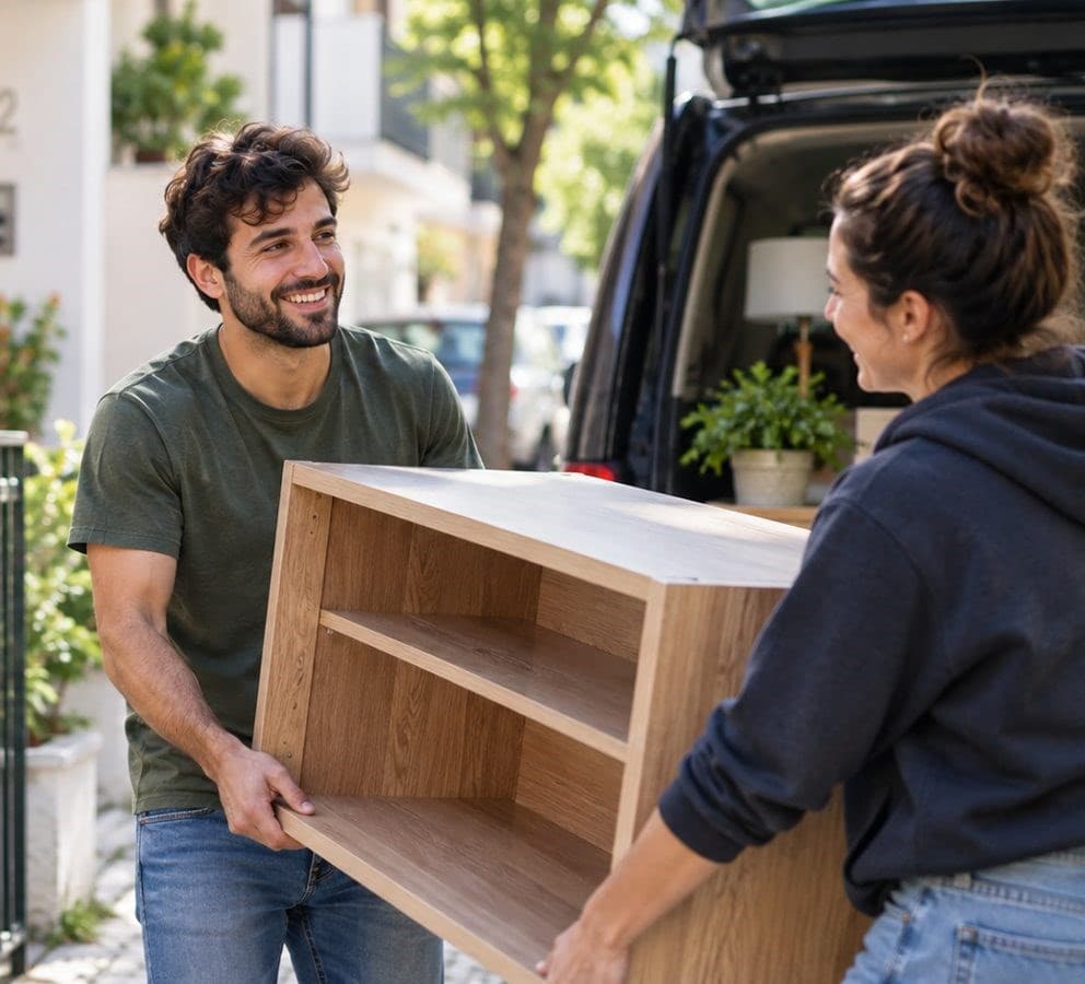 Duas pessoas a transportar um móvel juntas, numa rua portuguesa
